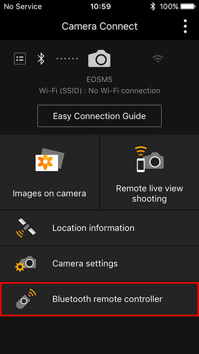 Camera Connect home screen (highlighting Bluetooth remote controller)