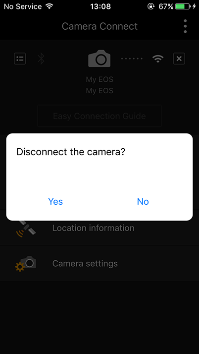 Camera Connect screen (disconnecting menu)