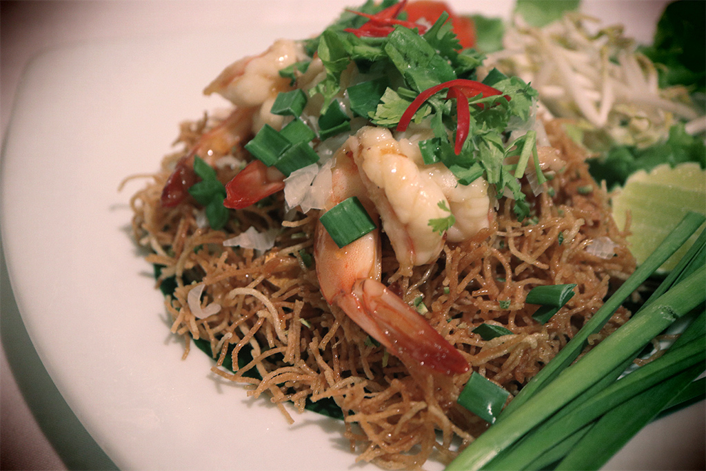 Crispy noodles with pork and shrimp.