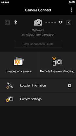 Layar menu Camera Connect