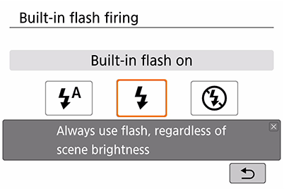 EOS 200D Creative Auto - Built-in flash firing setting screen