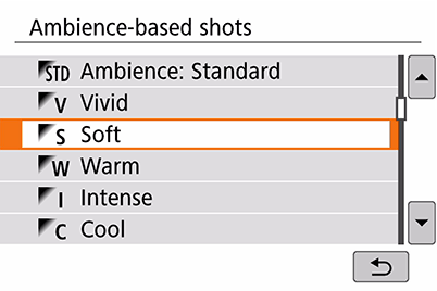 Layar pemilihan ambience mode Creative Auto