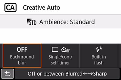 Creative Auto mode – selecting background blur option