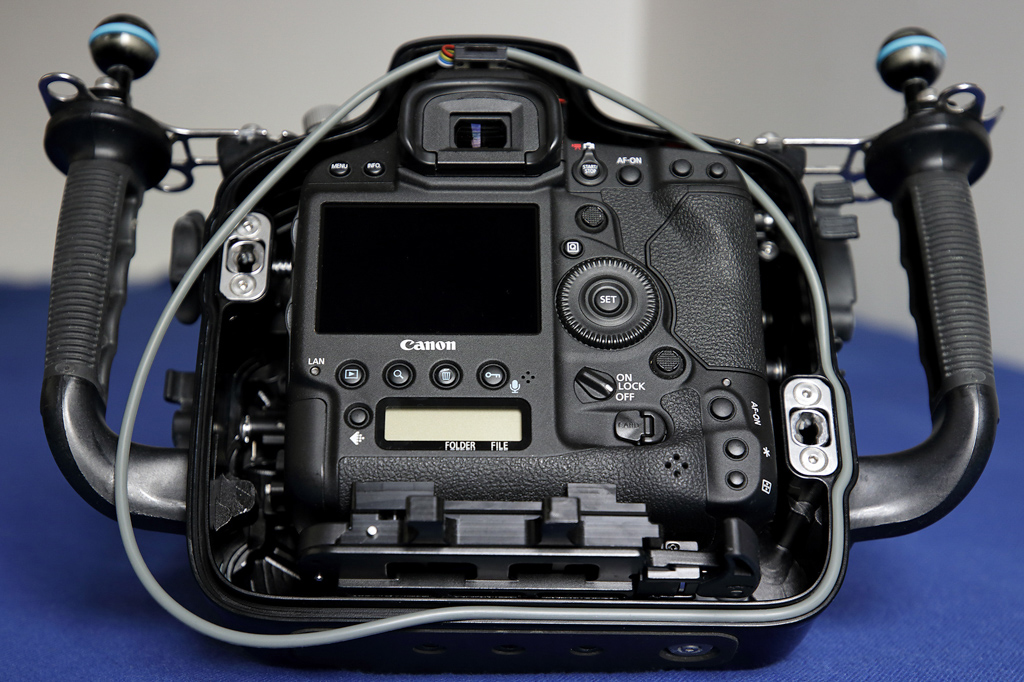 back of underwater housing with 1dx mark ii