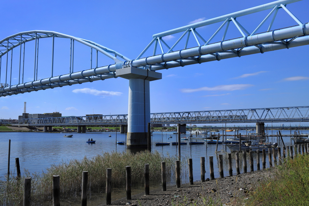 River with bridges and trains