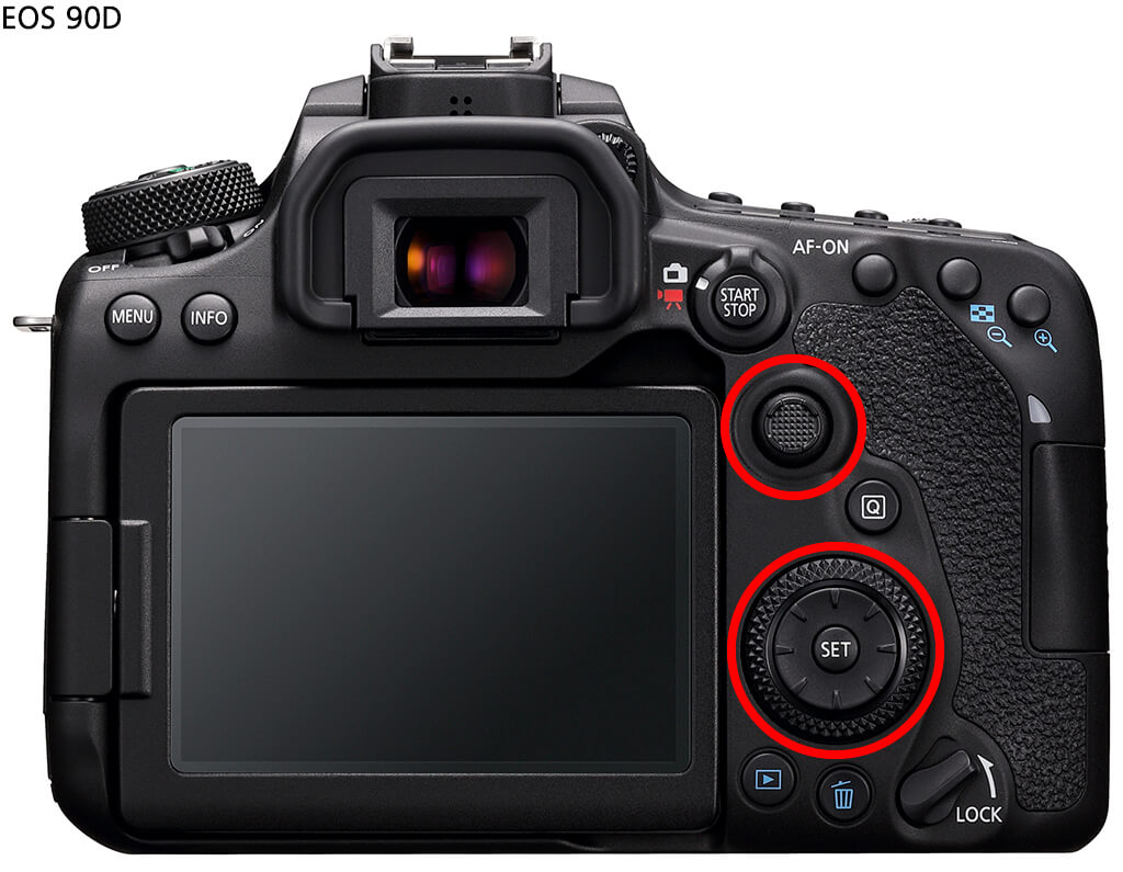 EOS 90D rear with multi-controllers circled